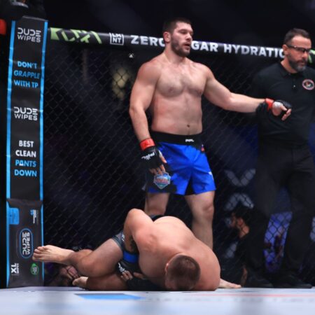 Ex-UFC heavyweight stretchered out of the cage after suffering horrific nut shot during semifinal fight